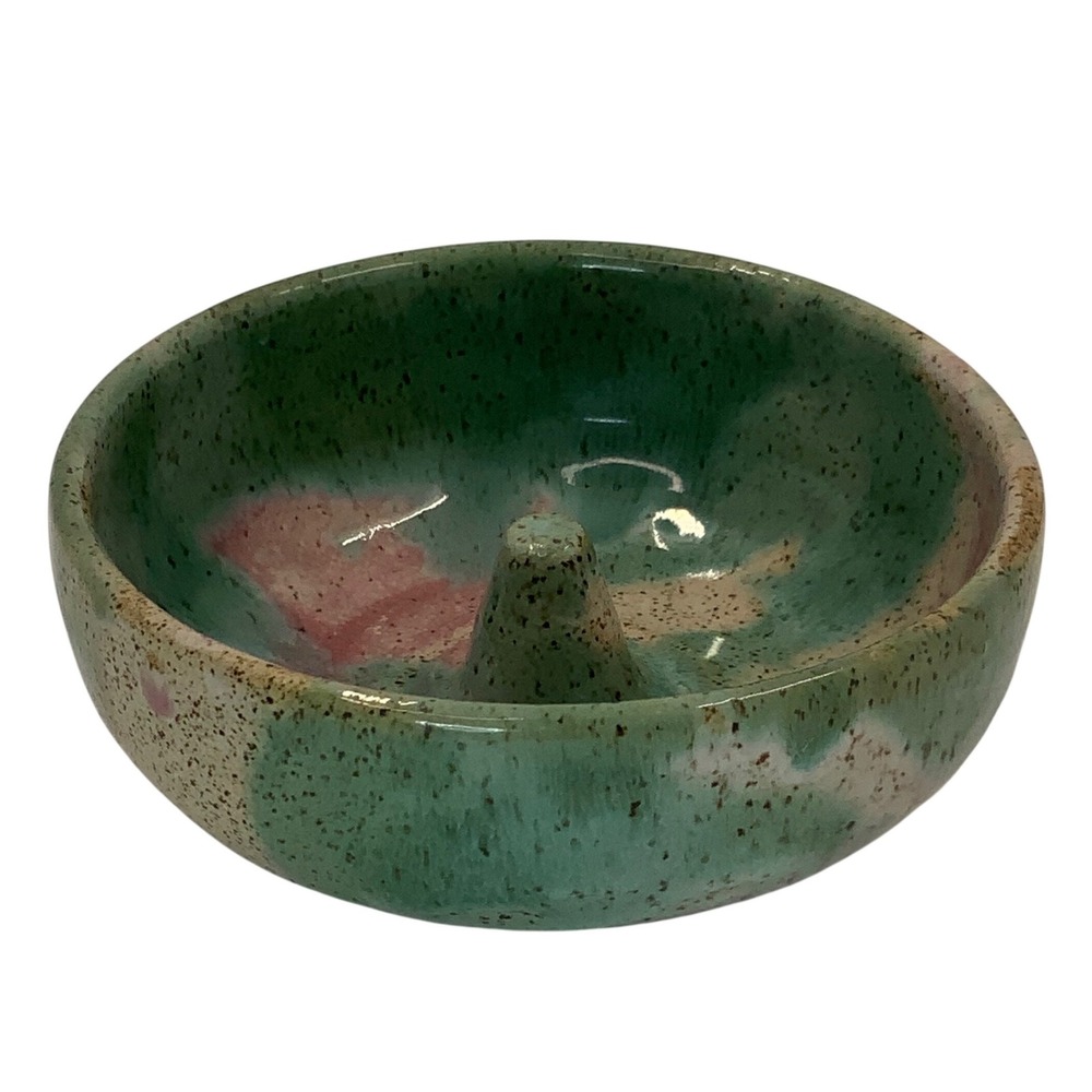 Vintage Studio Pottery Ring Holder Bowl Ceramic Green Pink 5 Inch